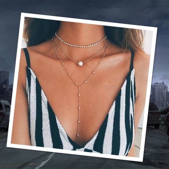 3 lather rhinestone pearl teardrop choker necklace - Picture 2 of 8